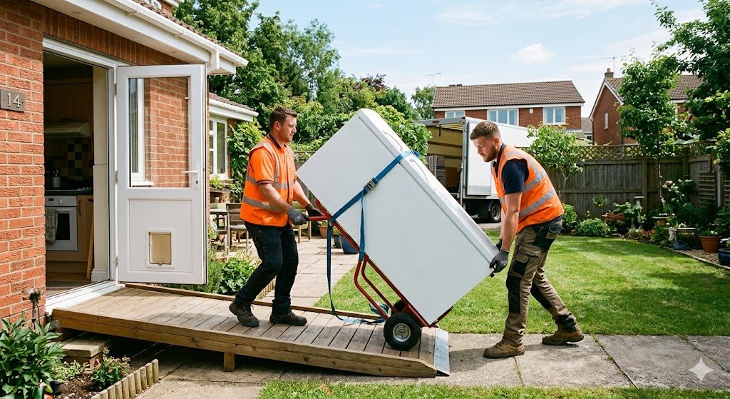 Old refrigerator being removed