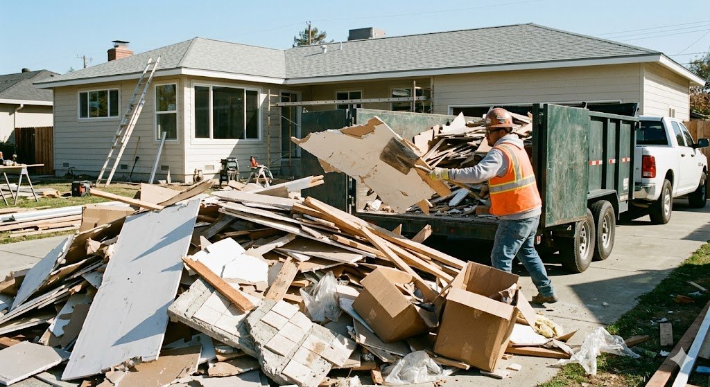 Construction debris pile being removed